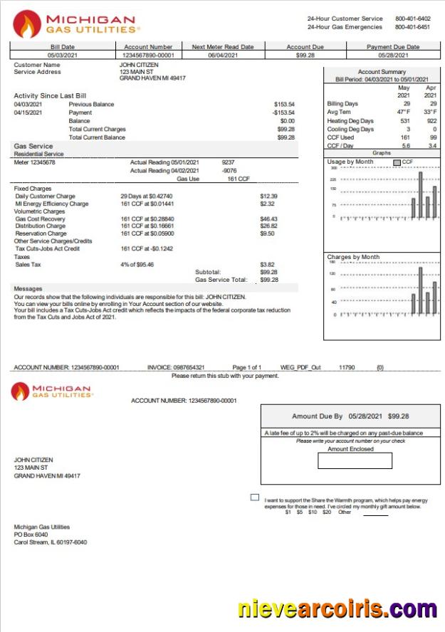 USA Michigan Gas Utilities utility bill version 2